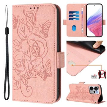 Realme 14 5G/14T 5G Pink Embossed Rose RFID Leather Phone Case - 1
