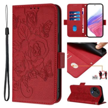 TCL 605/60 SE Red Embossed Rose RFID Anti-theft Leather Phone Case - 1