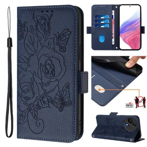 TCL 605/60 SE Dark Blue Embossed Rose RFID Anti-theft Leather Case - 1