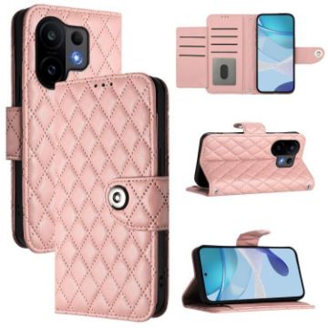 Vivo S30 Coral Pink Rhombic Texture Flip Leather Case with Lanyard - 1