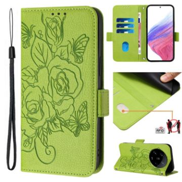 Xiaomi 14 Ultra 5G Green Embossed Rose RFID Leather Phone Case - 1