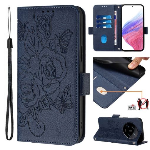 Xiaomi 14 Ultra 5G Dark Blue Embossed Rose RFID Leather Case - 1