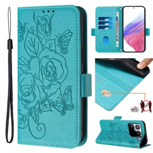Xiaomi 15S Pro 5G Light Blue Embossed Rose RFID Leather Phone Case - 1