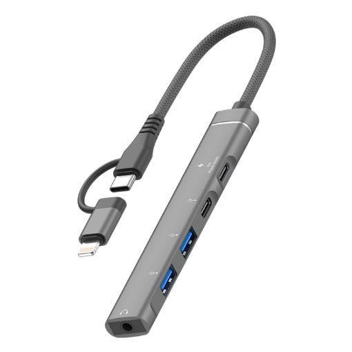 5 in 2 Multi-function HUB Adapter, USB-C/Type-C + 8 Pin, Grey - 1