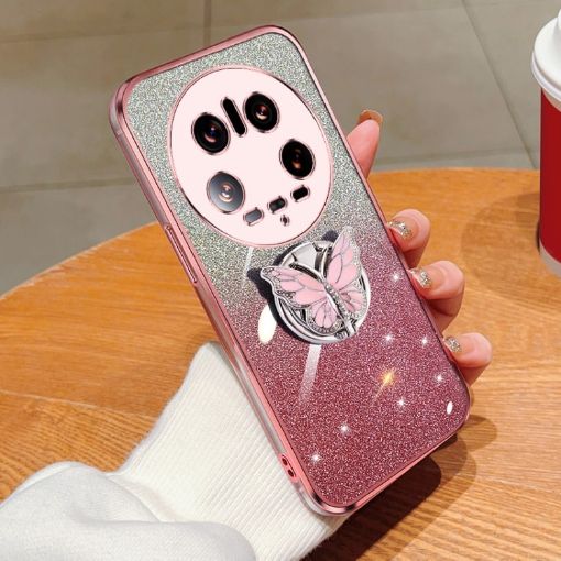 Xiaomi 14 Ultra Pink Glitter Butterfly Holder TPU Phone Case - 1