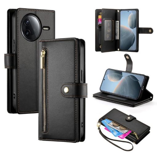 Redmi K80/K80 Pro Leather Phone Case with Nine Card Slots - Black - 1