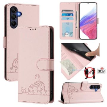 Samsung Galaxy A17 5G Pink Cat Rat Embossed RFID Leather Case with Lanyard - 1