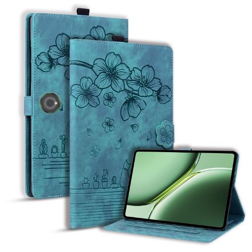 OnePlus Pad/Pad Pro 12.1 Green Cartoon Sakura Cat Leather Case - 1