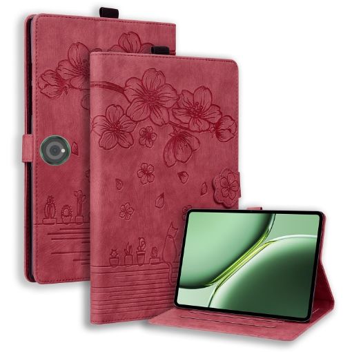 OnePlus Pad/Pad Pro 12.1 Red Cartoon Sakura Cat Leather Tablet Case - 1