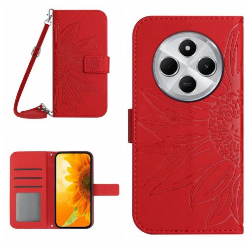 Redmi 14C 4G Sunflower Embossed Flip Leather Case with Lanyard Red - 1
