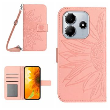Redmi Note 14 5G Pink Sunflower Embossed Leather Flip Case with Lanyard - 1