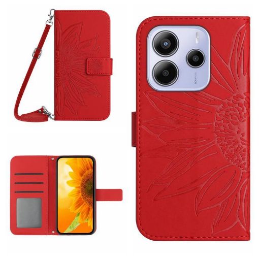 Redmi Note 14 4G Sun Flower Embossed Flip Leather Case with Lanyard - 1