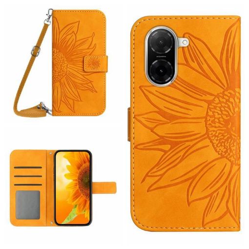 Redmi A5/Poco C71 Yellow Sunflower Embossed Flip Leather Case with Lanyard - 1