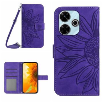 Redmi 13x Dark Purple Sun Flower Embossed Flip Leather Case with Lanyard - 1