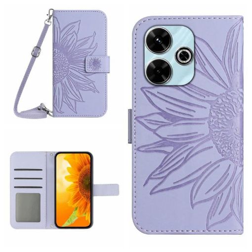 Redmi 13x Purple Sun Flower Embossed Flip Leather Case with Lanyard - 1