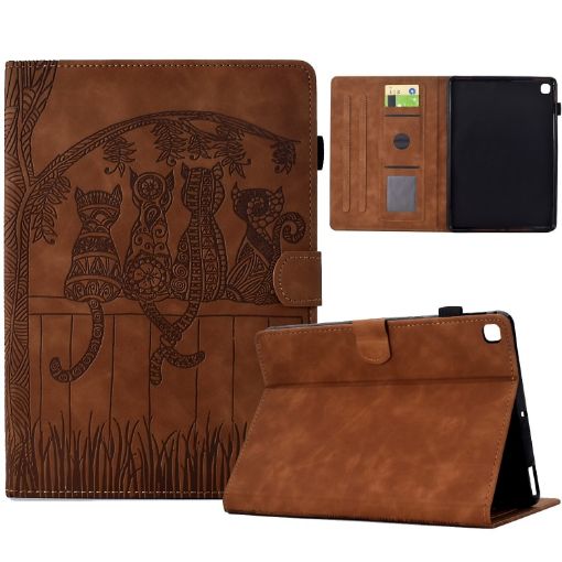 Samsung Galaxy Tab A7 2020 T500 Cats Embossed Leather Case Brown - 1