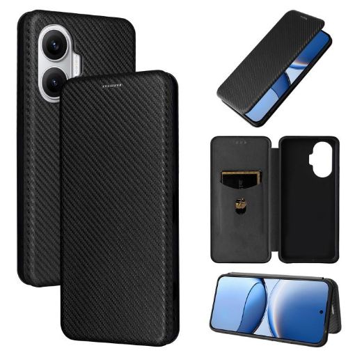 Xiaomi Poco F7 5G Global Flip Leather Phone Case - Carbon Fiber Black - 1
