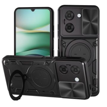 Redmi A5 4G Phone Case Black - CD Texture, Sliding Camshield, Magnetic Holder - 1