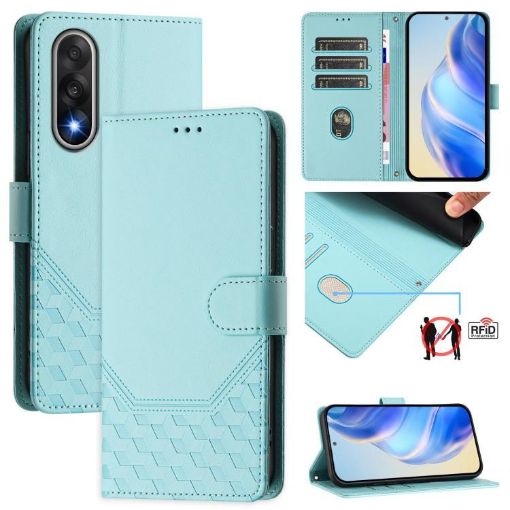 OnePlus Ace 5 Ultra Mint Green RFID Leather Phone Case - Honeycomb Design - 1