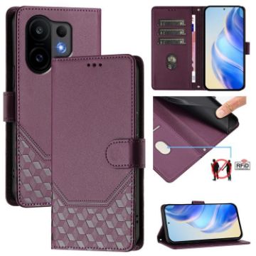 Violet RFID Leather Phone Case for vivo S30 - Honeycomb Embossing - 1