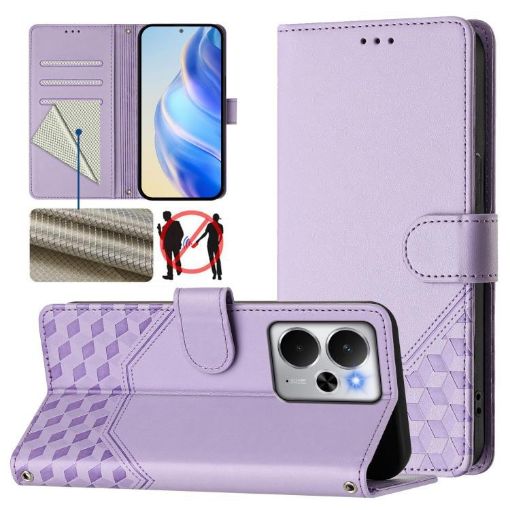 Realme 14 5G/14T 5G Honeycomb RFID Leather Case - Light Purple - 1