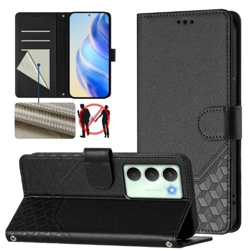 Realme 14x/V70/C75 5G Honeycomb RFID Leather Phone Case Black - 1