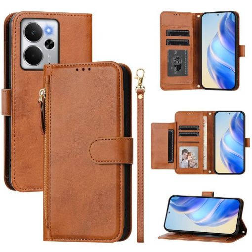 Realme 14/14T 5G Brown Leather Wallet Phone Case with Multi-Card Slots - 1