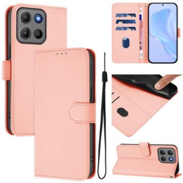 Moto G15 Pink Leather Phone Case with Lanyard - Solid Color Skin Feel - 1