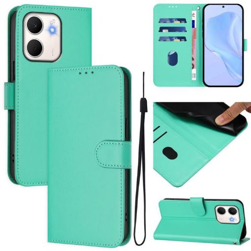 OPPO A5X 4G/5G Green Leather Phone Case with Lanyard - Solid Color - 1