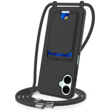 Samsung Galaxy A06 5G Black Silicone Case with Card Bag & Lanyard - 1
