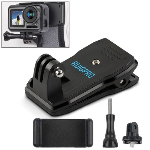RUIGPRO 360 Rotation Backpack Mount + Phone Clamp for GoPro & More (Black) - 1
