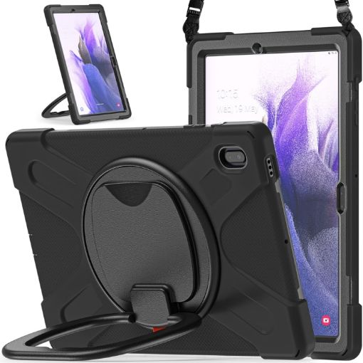 Samsung Galaxy Tab S7 FE T730 Black Silicone PC Case with Holder & Strap - 1