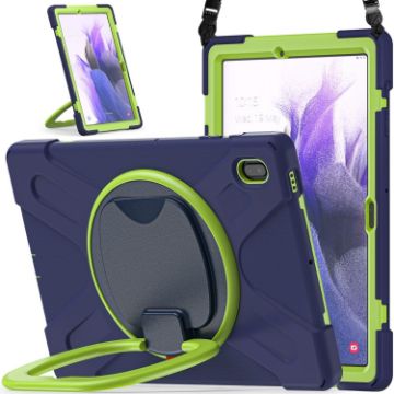 Samsung Galaxy Tab S7 FE T730 Case with Holder & Strap - Navy/Lime - 1