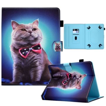 10" Tablet Case with Pen Slot - Bow Tie Cat Design, Leather Cover - 1