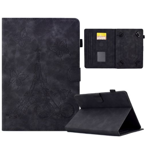 8" Tablet Case - Black Tower Embossed Leather Cover - 1