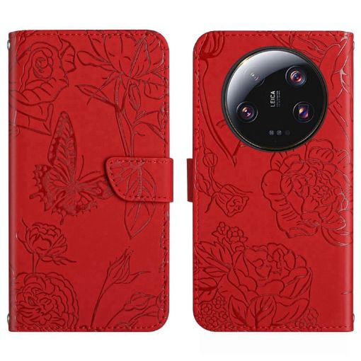 Xiaomi 14 Ultra Red Butterfly Embossed Flip Leather Phone Case - 1