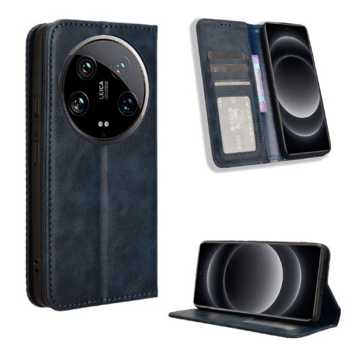 Xiaomi 14 Ultra Blue Leather Phone Case with Magnetic Buckle Retro Texture - 1