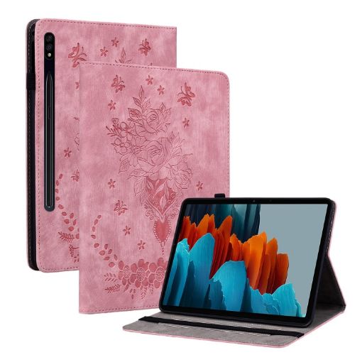 Samsung Galaxy Tab S9+ Pink Butterfly Rose Embossed Leather Case - 1
