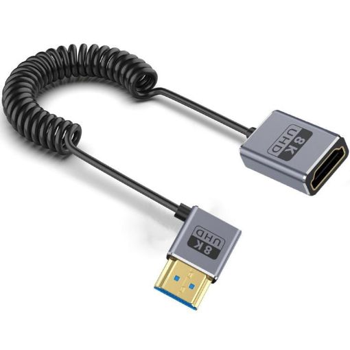 0.7m Coiled 8K HDMI 2.1 Cable, Male to Female Right Elbow, 48Gbps - 1