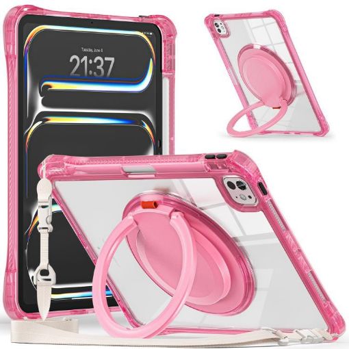 iPad Pro 13 2024 Red Rose Rotation Ring Handle Clear Tablet Case - 1