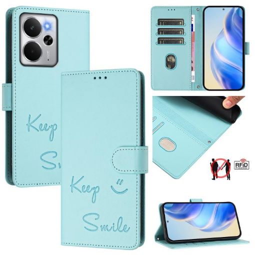 Realme 14 5G/14T 5G Mint Green RFID Leather Phone Case - Smile Embossing - 1