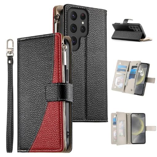 Samsung Galaxy S24 Ultra 5G Leather Wallet Case with Strap (Black) - 1