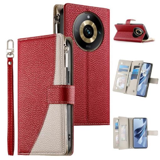 Realme 11 Pro/11 Pro+ Red Leather Wallet Phone Case with Strap - 1
