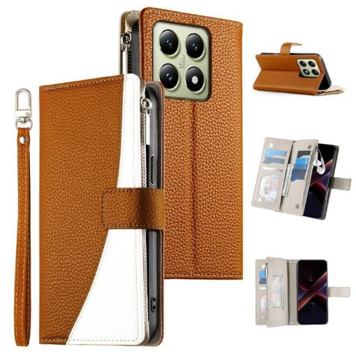 Xiaomi 14T Brown Leather Wallet Phone Case with Strap & Multi-card Slots - 1