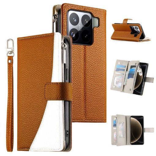 Xiaomi 15 Pro Brown Leather Wallet Phone Case with Strap & Zipper - 1