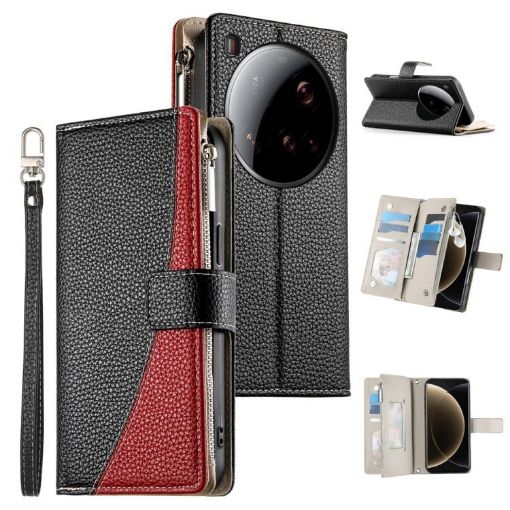 Xiaomi 15 Ultra Black Leather Wallet Phone Case with Strap & Zipper - 1