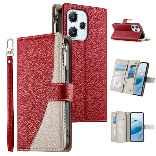 Redmi 12/Note 12R Leather Wallet Phone Case with Strap - Red - 1