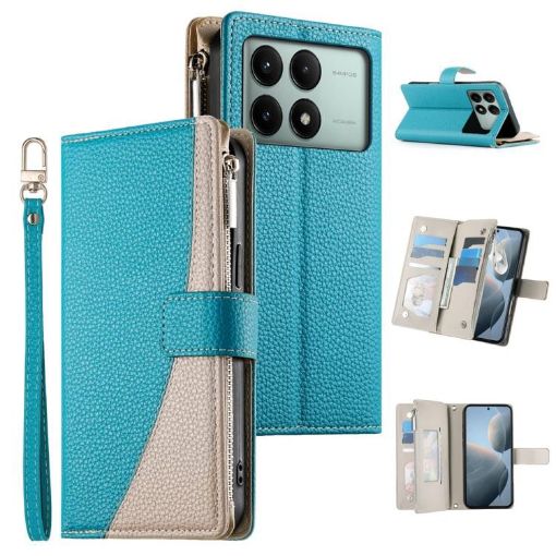 Redmi K70E/Poco X6 Pro Blue Leather Wallet Phone Case with Strap - 1