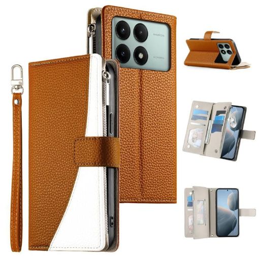 Redmi K70E/Poco X6 Pro Brown Leather Wallet Phone Case with Strap - 1