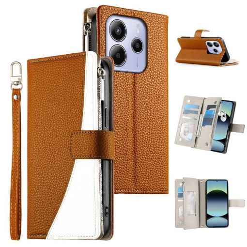 Redmi Note 14 4G Brown Leather Wallet Case with Strap & Card Slots - 1